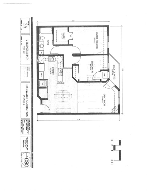Floor plan for 2 beds, 1 bath, 980 sqft